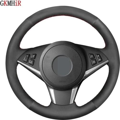 Hand-Stitched Black Genuine Leather Suede Car Steering Wheel Covers For BMW E60 E61 (Touring) 530d E63 2003-2010 E64 2004-2010