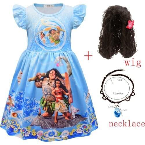 Kids Girls Moana Princess Dresses Party Clothing 2021 Toddler Girls Dress Set with Wig and Necklace Baby Vaiana Cosplay Clothes