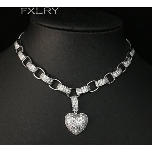 FXLRY Hot Sale Fashion Gold Micro Inlaid Zircon Necklace Creative Heart Shape Lock Necklace For women Jewelry