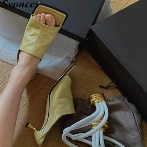 INS Fashion Kitten Heel Mules Open Square Toe 2020 Summer Dress Slides Yellow Popular Outdoor Formal Slippers Shoes Women Sandal