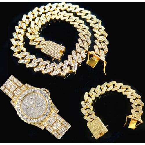 3pcs Kit Hip Hop 20MM Bling Iced Out 3 Row Full Rhinestones Gold Cuban Link Necklace+Watch+Bracelet For Men Jewelry