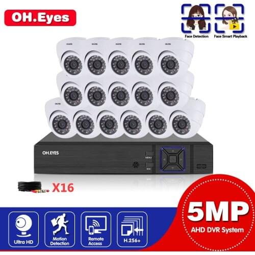 16Pcs CCTV Cameras Kit 5MP H.265 Outdoor Surveillance Kit 1080P IR Security Camera Video Surveillance System Set 16ch DVR Kits