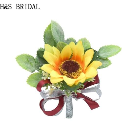 Sunflower Wedding Prom Corsage Ceremony Flower Blue Ribbon Wedding Boutonnieres Groom Groomsmen Buttonhole Flowers Boutonniere