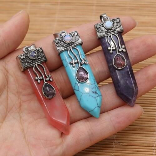 Natural Semi Precious Stone Pendant Metal Alloy Columnar Making Necklace Bracelet Accessories For DIY 16x57mm