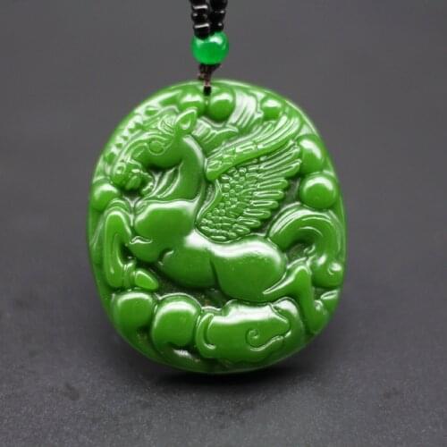 Natural Green Jade Fly Horse Pendant Necklace Chinese Carved Charm Jewelry Accessories Fashion Amulet for Men Women Lucky Gifts
