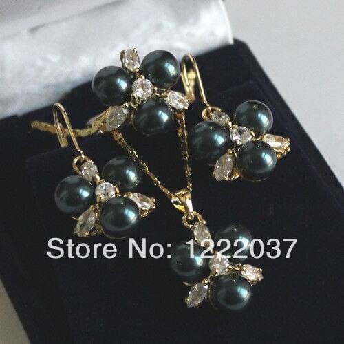 Popular 8MM Golden/white/black/pink Shell Pearl Earrings/Ring/Necklace Pendant Set