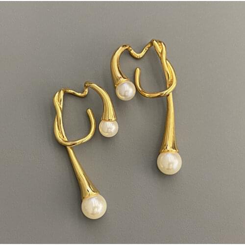 Minar Unique Design Irregular Pearl Earrings for Women Minimalist Gold Color Metal Round Imitation Pearl Twist Clip Earrings