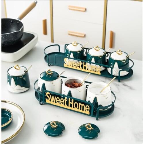 Phnom Penh Dark Green Seasoning Jar Seasoning Box Ceramic with Lid Household Salt Shaker Sugar Bowl Metal Tray Kitchen Supplies