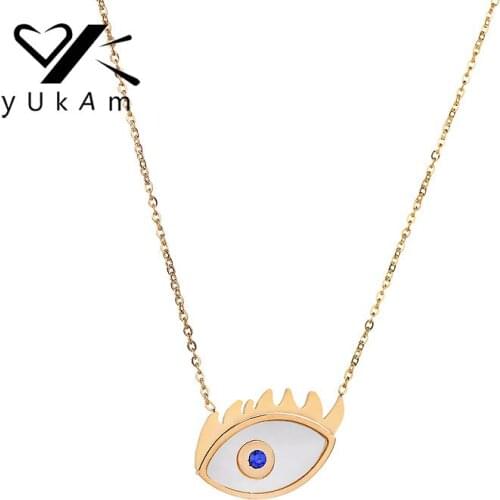 YUKAM Turkish Evil Eye Necklaces Gold Stainless Steel Pearl Shell Blue Crystal Eye Pendant Protection Necklace for Women Jewelry