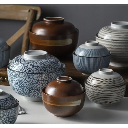 Japanese covered bowl underglaze color ceramic noodle rice miso soup household bowl with cover small stewed bowl tableware