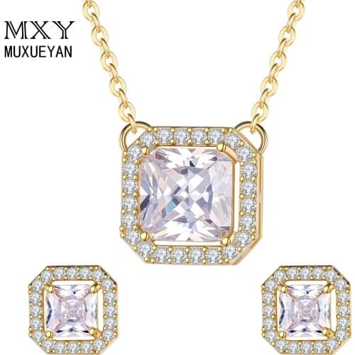 Square Crystal Jewelry Sets For Women Necklace And Earring Light Yellow Gold Color Wedding 2021 Trend MUXUEYAN