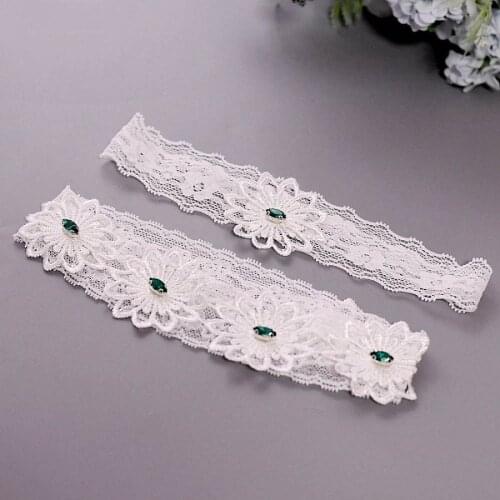 Lace Wedding Garter Embroidery Floral Sexy Garters Green Rhinestone for Women Female Thigh Ring Bride Lace Leg Ring Loop L01