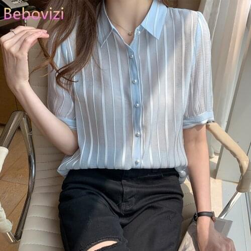 S-XXL 2021 New Fashion Stripe Turn-down Collar Summer Casual Women Button Up Shirts and Tops Office Lady Work Clothes
