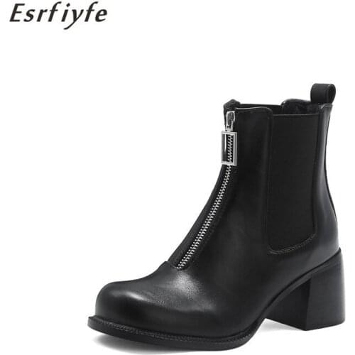 ESRFIYFE 2020 New Autumn Women Ankle Boots Stone Grain Round Toe High Heels Shoes Woman Front Zipper Large Size 17 Party Shoes
