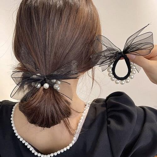 Retro tie head rope female summer net yarn style temperament bow knot headdress Korean pearl hair ring ponytail leather case