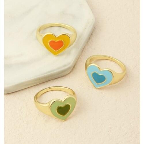 Harajuku Heart Rings for Women Orange Blue Green Enamel Anillos 2021 Lover Knuckle Two-color Double Hearts Ring Men Punk Jewelry