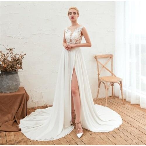 In Stock Chiffon with Appliques Scoop Neck Split Side Wedding Dress Vestido de noiva Vestido de novia Robe de mariee wedding
