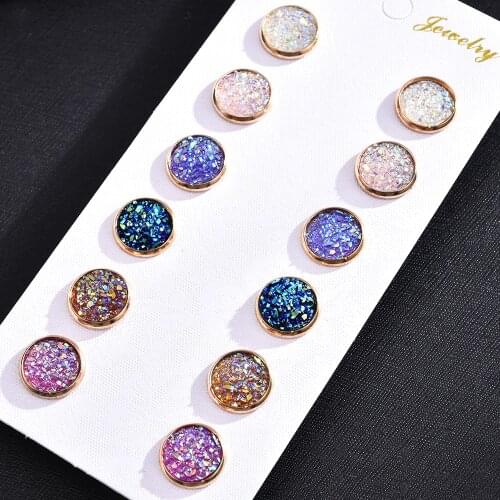 6 Pairs / Lot Colorful Drusy Resin Cabochon Stud Earrings Round Shape Piercing for Women Earrings Set Fashion Jewelry Party Gift