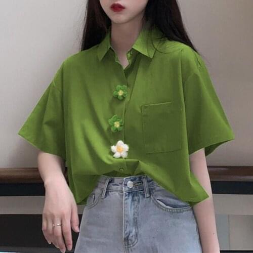 Summer Autumn Elegant Women Shirt Loose Solid Color Blouse Women Turn Down Collar Flower Buttons Shirts Female Streetwear 2021