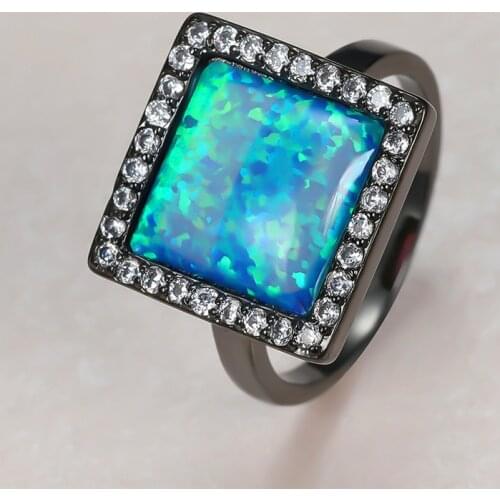 Blue Fire Opal Big Square Stone Rings For Women Men Wedding Jewelry Vintage Fashion Black Gold Crystal Zircon Birthstone Ring