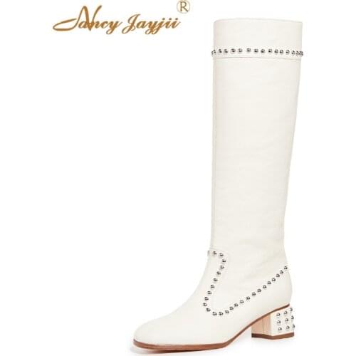 Off White Woman Ankle Kiki Boots Western Ladies Shoes Female Rivets Dress Winter Autumn Block Chunky Heels Side Zip Plus Size 46