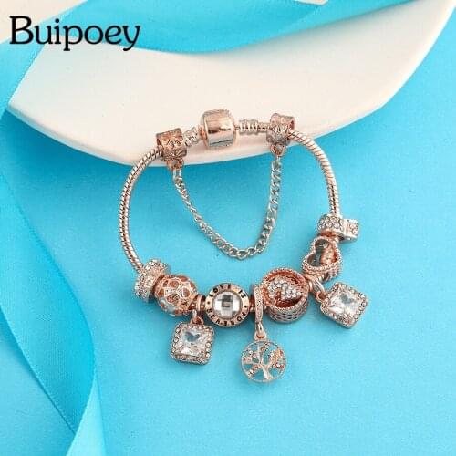Buipoey Rose Gold Shiny Crystal Unicorn Beaded Tree Of Life Heart Charm Bracelets For Women Girl Original Fine Bracelet Jewelry