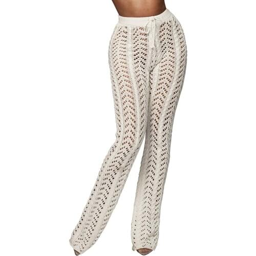 Sexy Summer Party Trousers Women Hollow Out Pants Through Mesh Crochet Wool High Waist Elastic Laced Flare Pant Size S-XL