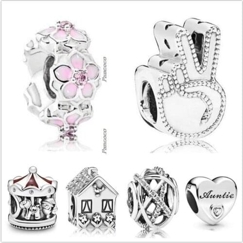 Original 925 Sterling Silver Textural Beaded The Victory Hand Symbol Of Peace Beads Fit Pandora Bracelet & Necklace Jewelry