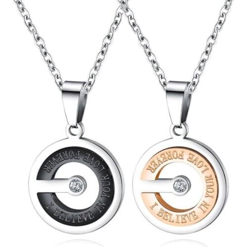 Stainless Steel Rose Gold Black Circle Round Lovers Zircon Stone Pendant Necklace Jewelry Gift For Him