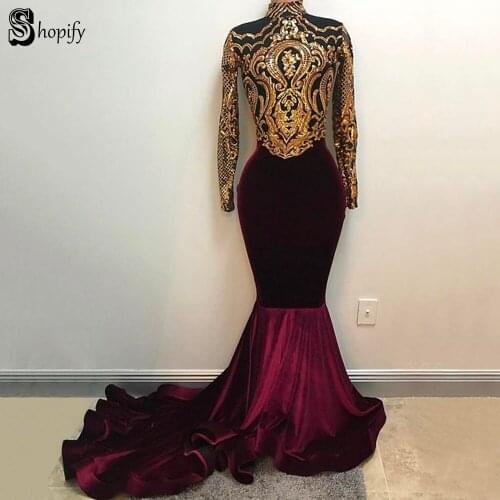 Long Elegant Prom Dresses 2020 Sheer Long Sleeve Gold Sequin Lace African Burgundy Mermaid Women Velvet Prom Dress