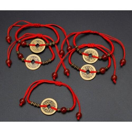 Feng Shui I Ching Ancient Coin Kabbalah Red String Attract Luck Wealth Bracelets