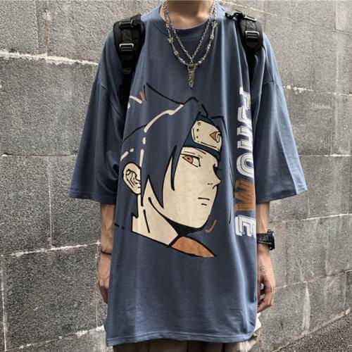 Harajuku Blue Tshirt Streetwear Men Summer Amine Loose T-shirt Casual Cartoon Male Tops Funny Japan Tshirt Streetwear Boys