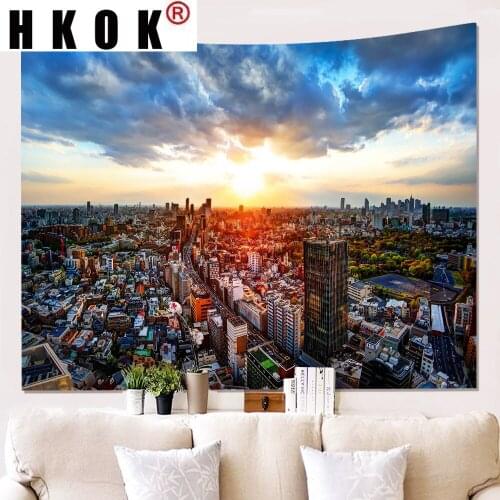 HKOK Modern City Sunrise Poster Tapestry Hanging Covering Rugs Background Cloth Beach Mat Blanket Art Bedroom Living Home Deco