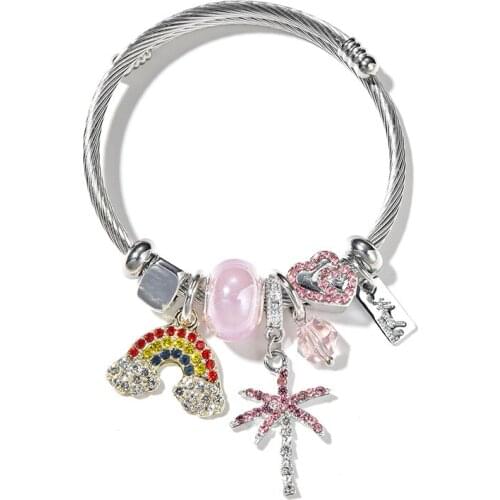 Ins Sweet Silver Color Crystal Beads Bracelet & Bangle With Rainbow Tree Heart Pendant Charm Bracelets For Women Fashion Jewelry