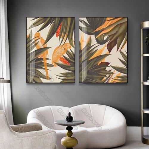 Nordic Style Canvas Painting Poster Trend Abstract Pattern with Colorful Tropical Leaves Beige Bird for Home Rooms Wall Decorati