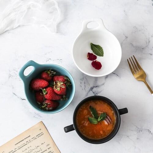 Dumb Ceramic Double Ear Soup Bowl Creative Nordic Simple Breakfast Steamed Egg Bowl Soup Cup Household Western Dessert Soup Cup