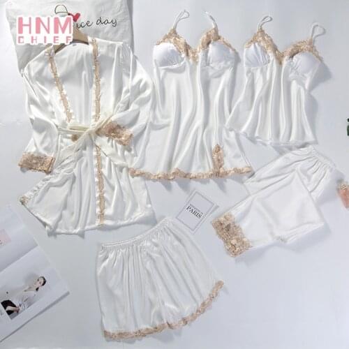 Kimono Bride Five Pieces 2021 Women Pajamas Sets Lace Splicing Peignoir Satin Femme Nightgown Suit Summer Casual Pajamas Gown