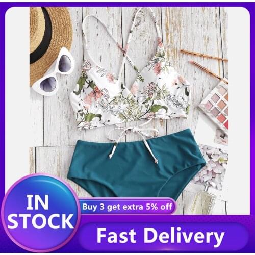 #VO Cross Bandage Backless Bikini Set Women Two Piece Floral print Swimsuit Beachwear Swimwear Women biquini bikinis 2021 mujer