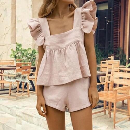 Square Collar Butterfly Sleeve Womens Sets Solid Pleated Shorts Female Set 2021 Summer New Korean Fashion Casual Ladies Suit