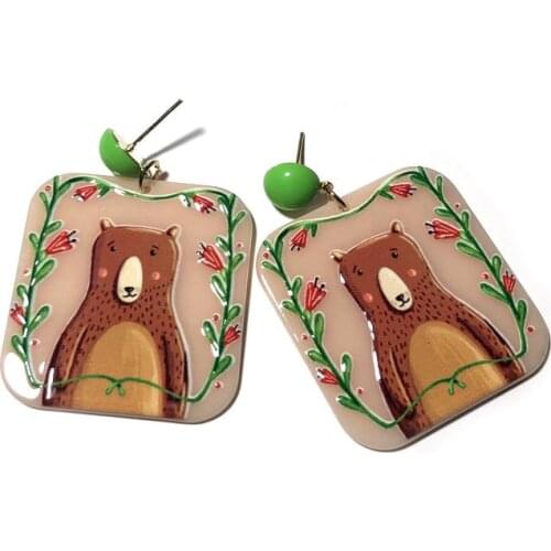 Fashion Lovely Bear Acrylic Earrings for Women Girls Geometric Square Printed Animal Childlike Dangle Earrings New Arrival