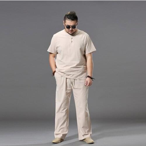 Mens Plus Size Clothing Big Tracksuit Suit Linen Overweight T-shirt Casual Male Elastic Waist Band 7XL 8XL 9XL Big Two Pieces