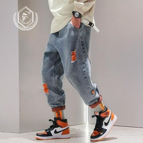 Men Loose Harem Jogger Jeans Fashion Ankle-Length Hole Hip Hop Jeans