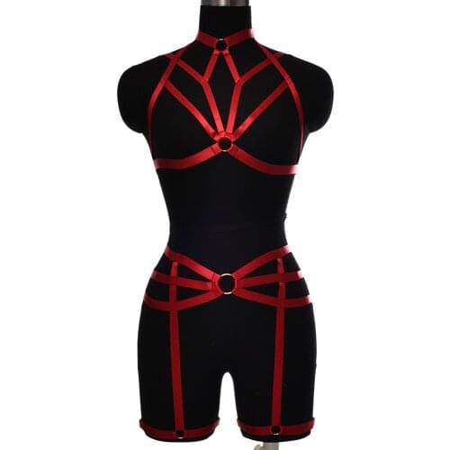 Red Garter Belt Set Full Body Strappy Harness Set Bondage Belt Belly Sexy Pastel Goth Punk Women Pius Size Elastic Tops Lingerie