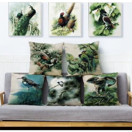 Watercolor Chinese Ink Throw Pillow Covers 45*45cm Cushion Cover Linen Pillows Cases Car Sofa Home Decor Bird Plant Pillow Case