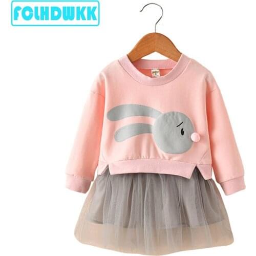Girls Cute Rabbit Long Sleeve Dress Flowers Printed Autumn Winter Girls Dress Long Sleeve Baby Girl Princess Dresses 2-7year old