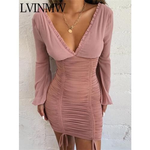LVINMW Sexy Lace Patchwork V Neck Lantern Sleeve Slim Dress 2019 Autumn Women Draped Drawstring Mini Dress Female Party Dresses