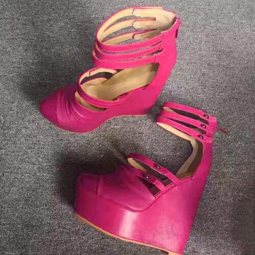 BERZIMER SUPER Women Platform Wedges Pumps Back Zip High Heels Pleated Sandals Prom Ladies Shoes Woman Big Size 44 46 50 51 52