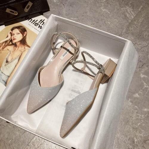 Rhinestone Sandals Womens Summer 2021 New Gradient High-heeled Shoes All-match Fashion Pointed Toe Thick Heel Flat Sandals