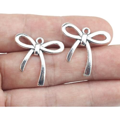 Newest 12Pieces 24*25mm Antique Silver Plated Bowknot Charms Necklace Earrings Pendant For Girls Lovely Jewelry Handcraft Making