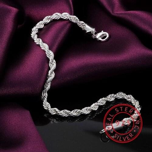 925 Sterling Silver 4MM Link Chain Bracelet For Women Twisted Rope Bracelets Silver Jewelry